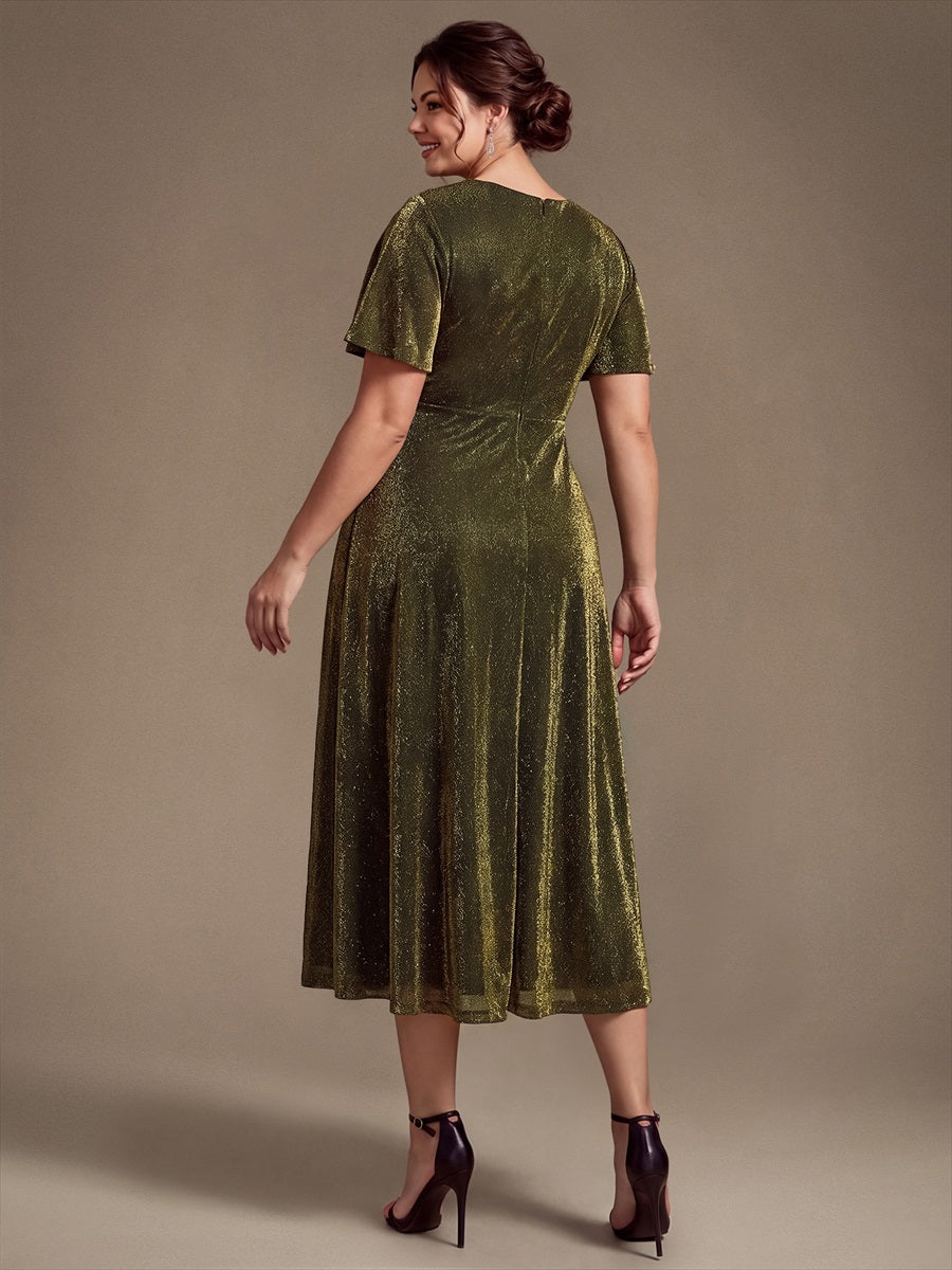 Midi Tea L?nge A Linie Kleid Runder Ausschnitt Lurex Netzstoff 3D Drapierung Eleganter Look #Farbe_Goldmetallic