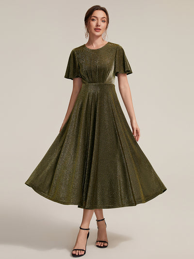 Midi Tea L?nge A Linie Kleid Runder Ausschnitt Lurex Netzstoff 3D Drapierung Eleganter Look #Farbe_Goldmetallic