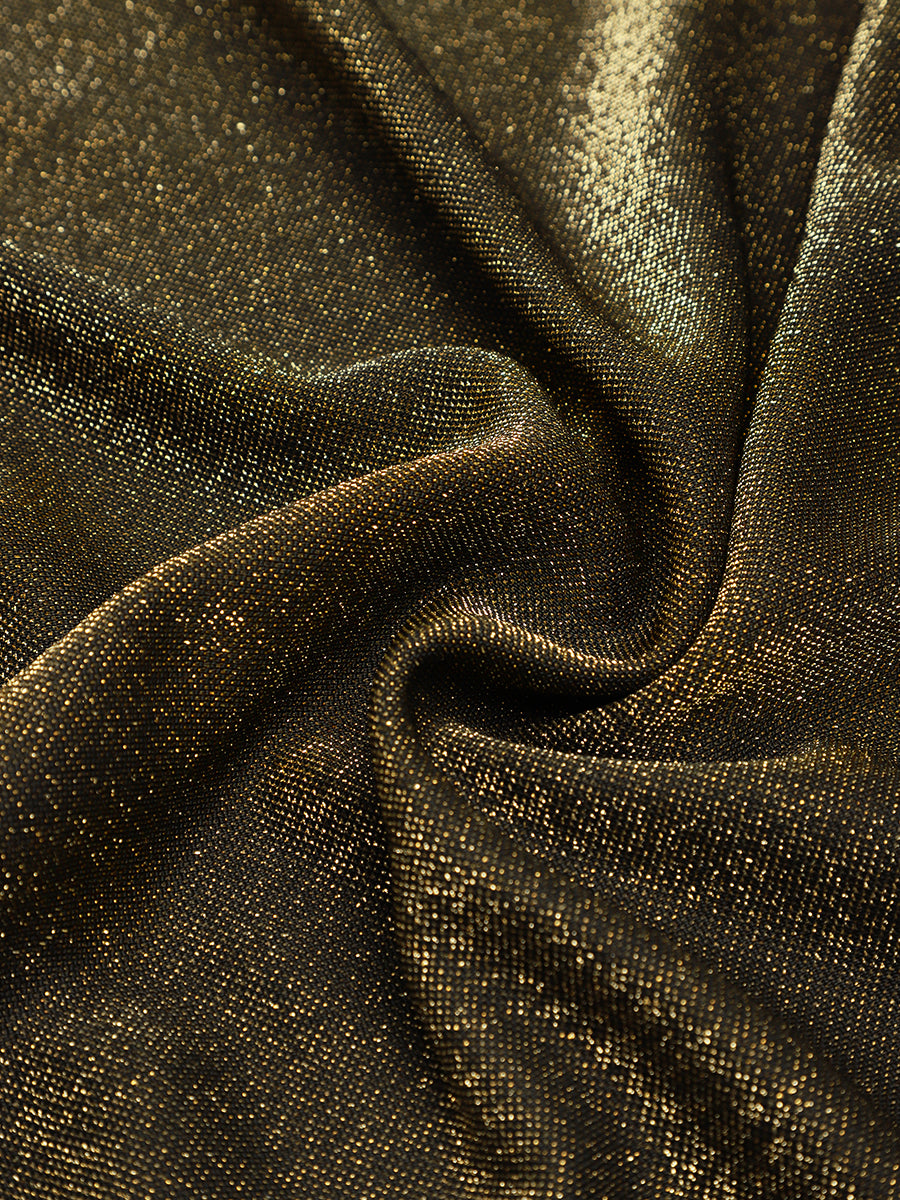 Midi Tea L?nge A Linie Kleid Runder Ausschnitt Lurex Netzstoff 3D Drapierung Eleganter Look #Farbe_Goldmetallic