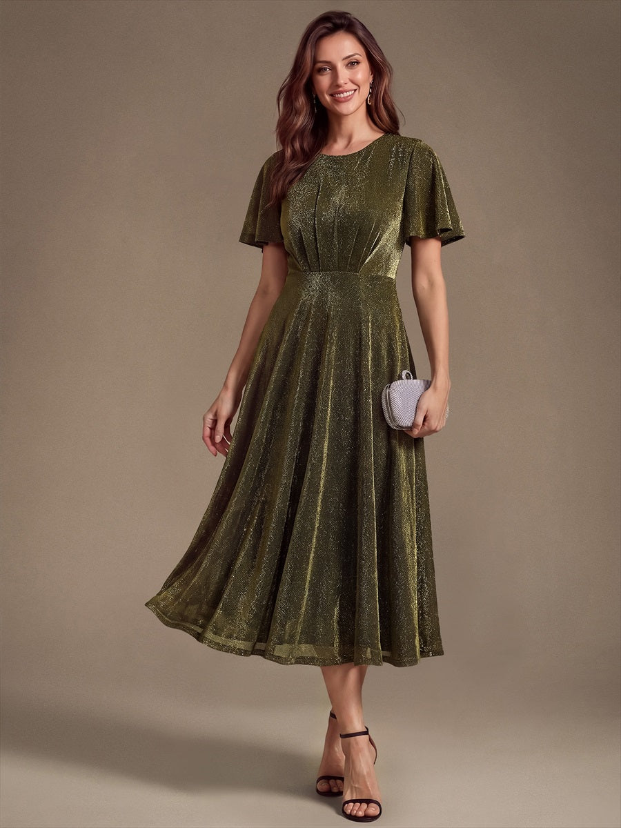 Midi Tea L?nge A Linie Kleid Runder Ausschnitt Lurex Netzstoff 3D Drapierung Eleganter Look #Farbe_Goldmetallic