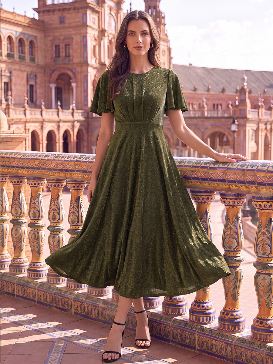 Midi Tea L?nge A Linie Kleid Runder Ausschnitt Lurex Netzstoff 3D Drapierung Eleganter Look #Farbe_Goldmetallic