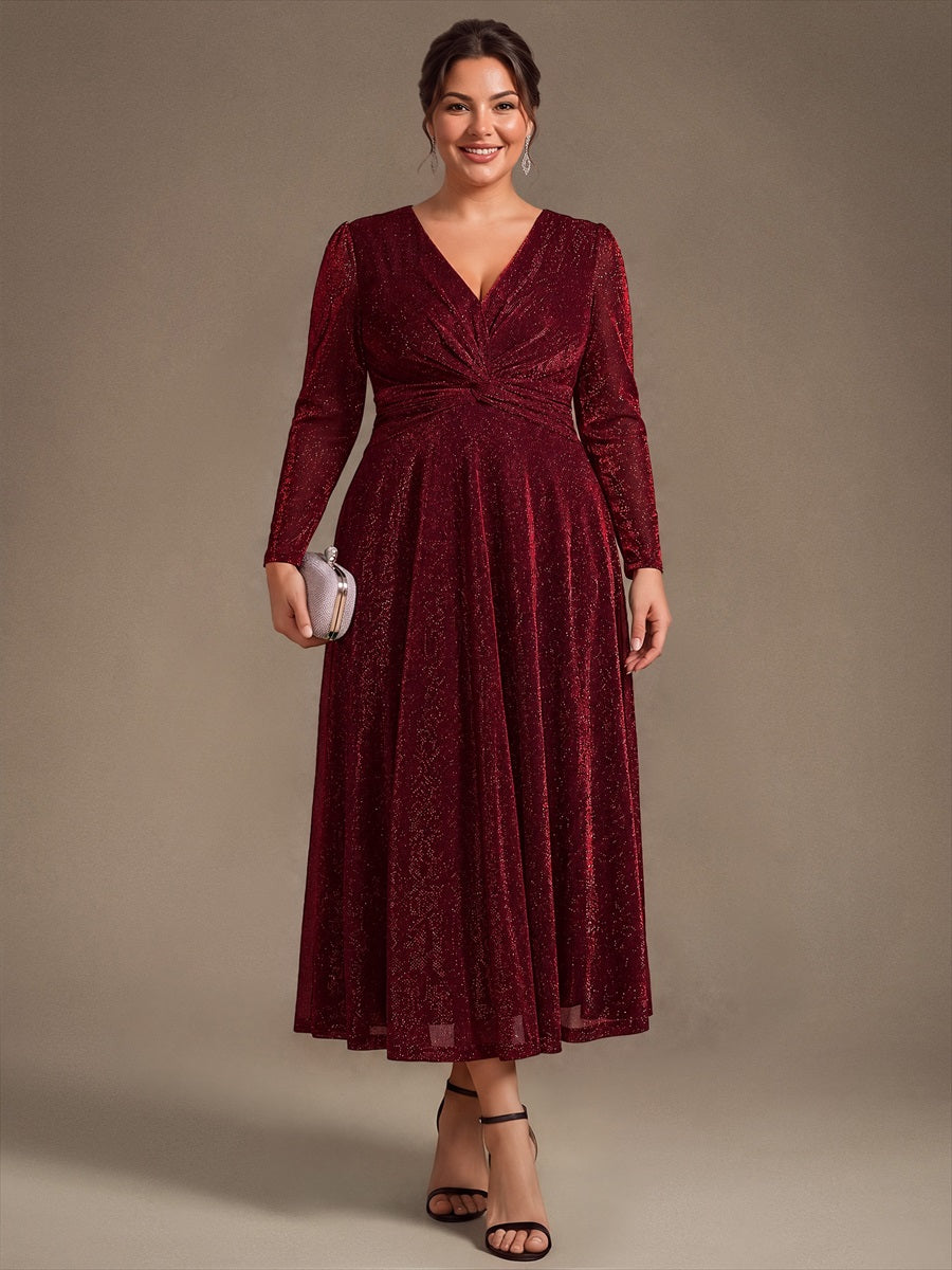 Tea Länge A Linie Kleid Mit Überkreuztem Ausschnitt Aus Lurex Netzstoff Perfekt Für Binden #Farbe_Burgunderrot