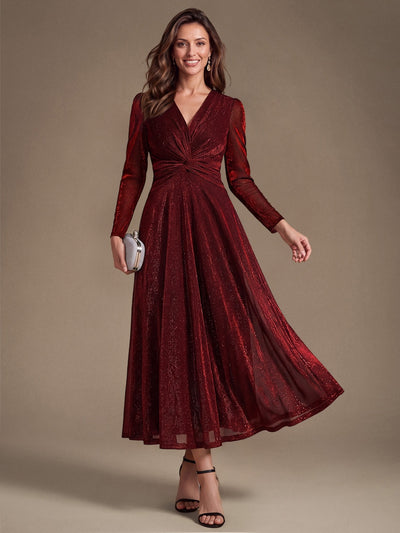 Tea Länge A Linie Kleid Mit Überkreuztem Ausschnitt Aus Lurex Netzstoff Perfekt Für Binden #Farbe_Burgunderrot