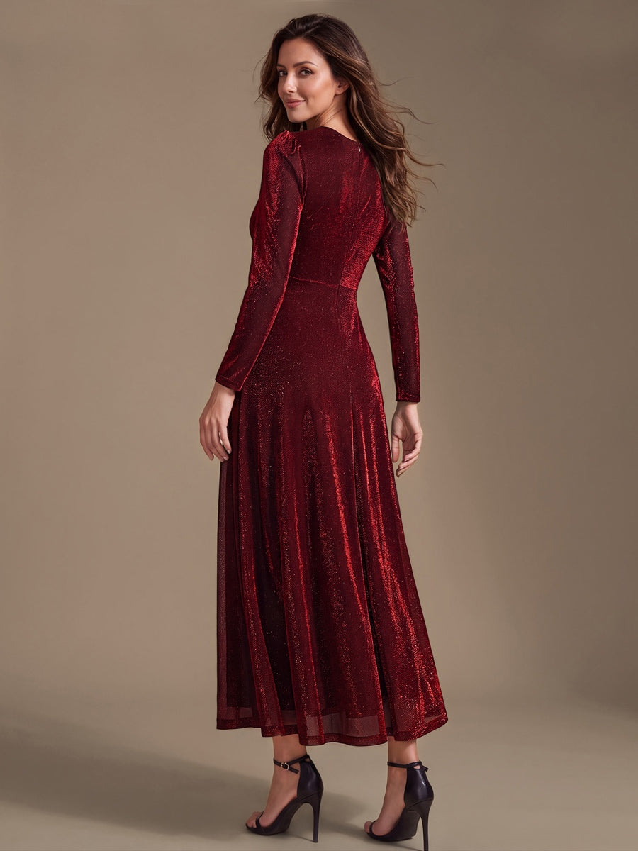 Tea Länge A Linie Kleid Mit Überkreuztem Ausschnitt Aus Lurex Netzstoff Perfekt Für Binden #Farbe_Burgunderrot