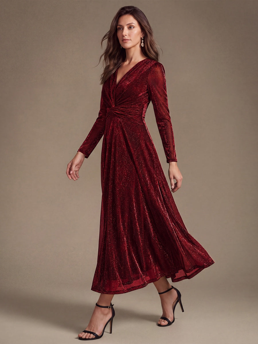 Tea Länge A Linie Kleid Mit Überkreuztem Ausschnitt Aus Lurex Netzstoff Perfekt Für Binden #Farbe_Burgunderrot