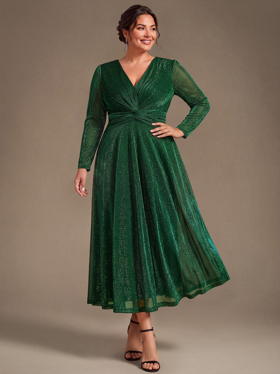 Tea Länge A Linie Kleid Mit Überkreuztem Ausschnitt Aus Lurex Netzstoff Perfekt Für Binden #Farbe_Dunkelgrün