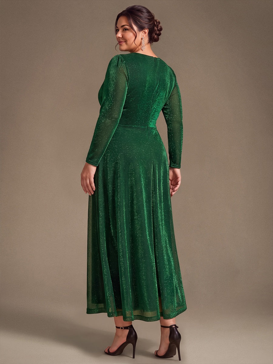 Tea Länge A Linie Kleid Mit Überkreuztem Ausschnitt Aus Lurex Netzstoff Perfekt Für Binden #Farbe_Dunkelgrün