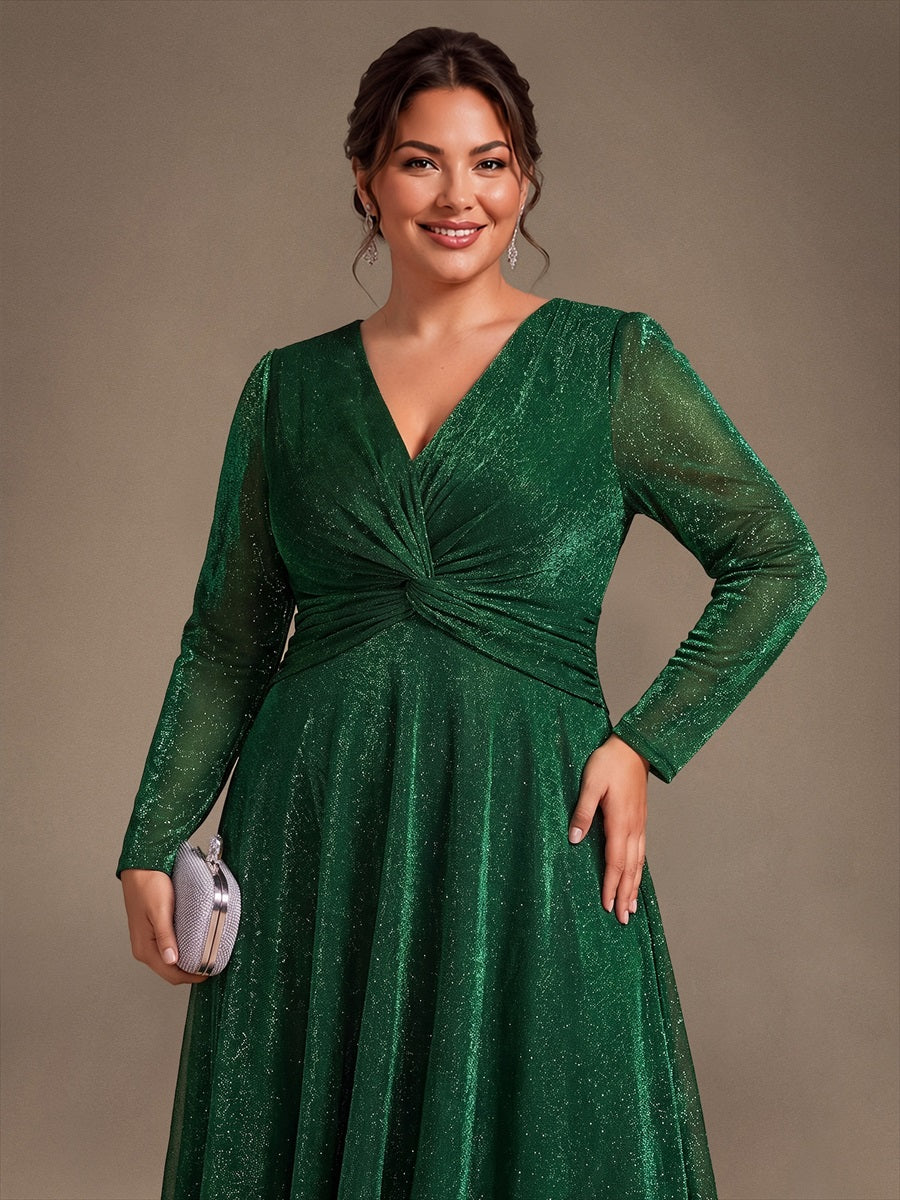 Tea Länge A Linie Kleid Mit Überkreuztem Ausschnitt Aus Lurex Netzstoff Perfekt Für Binden #Farbe_Dunkelgrün