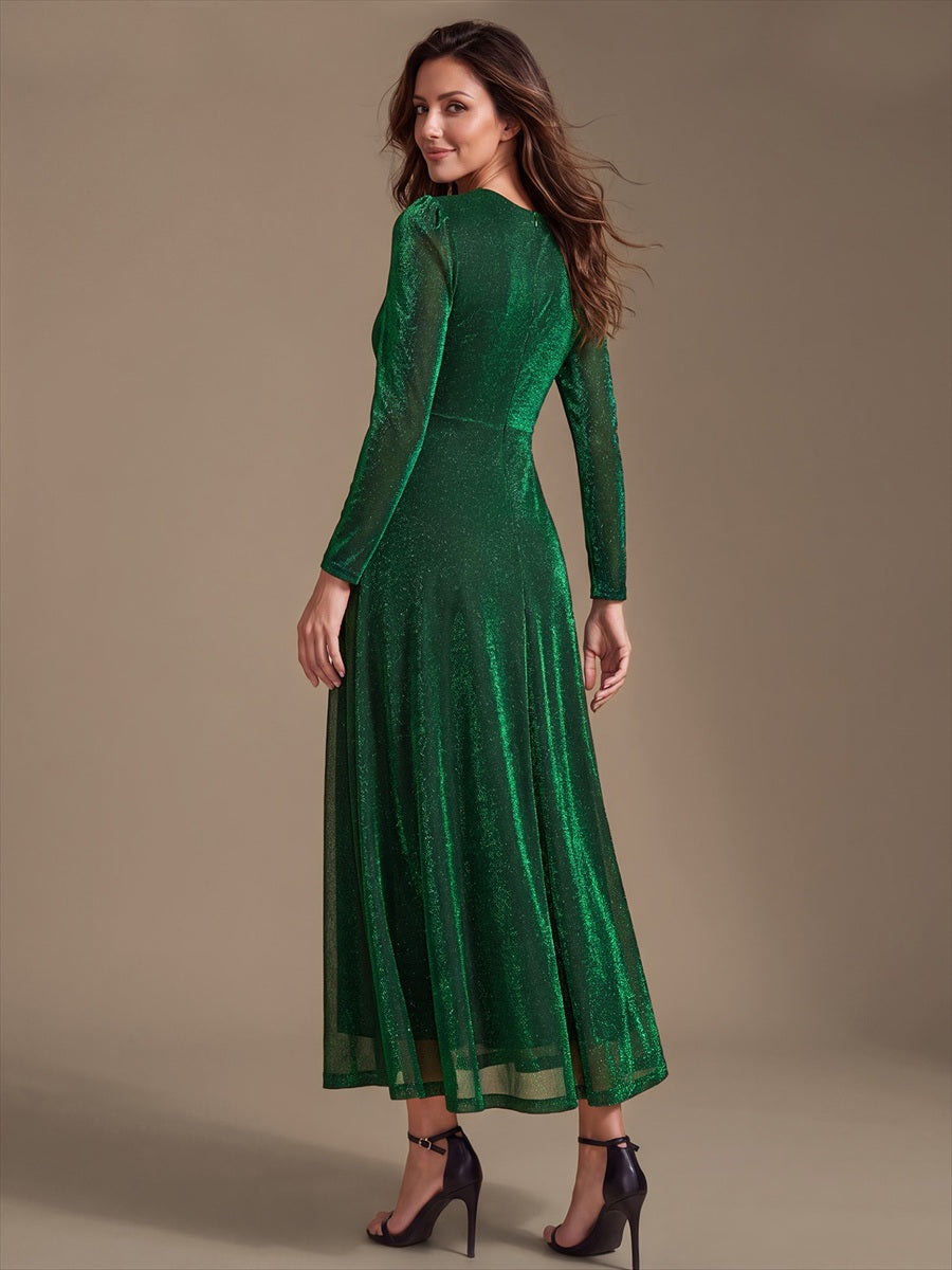 Tea Länge A Linie Kleid Mit Überkreuztem Ausschnitt Aus Lurex Netzstoff Perfekt Für Binden #Farbe_Dunkelgrün