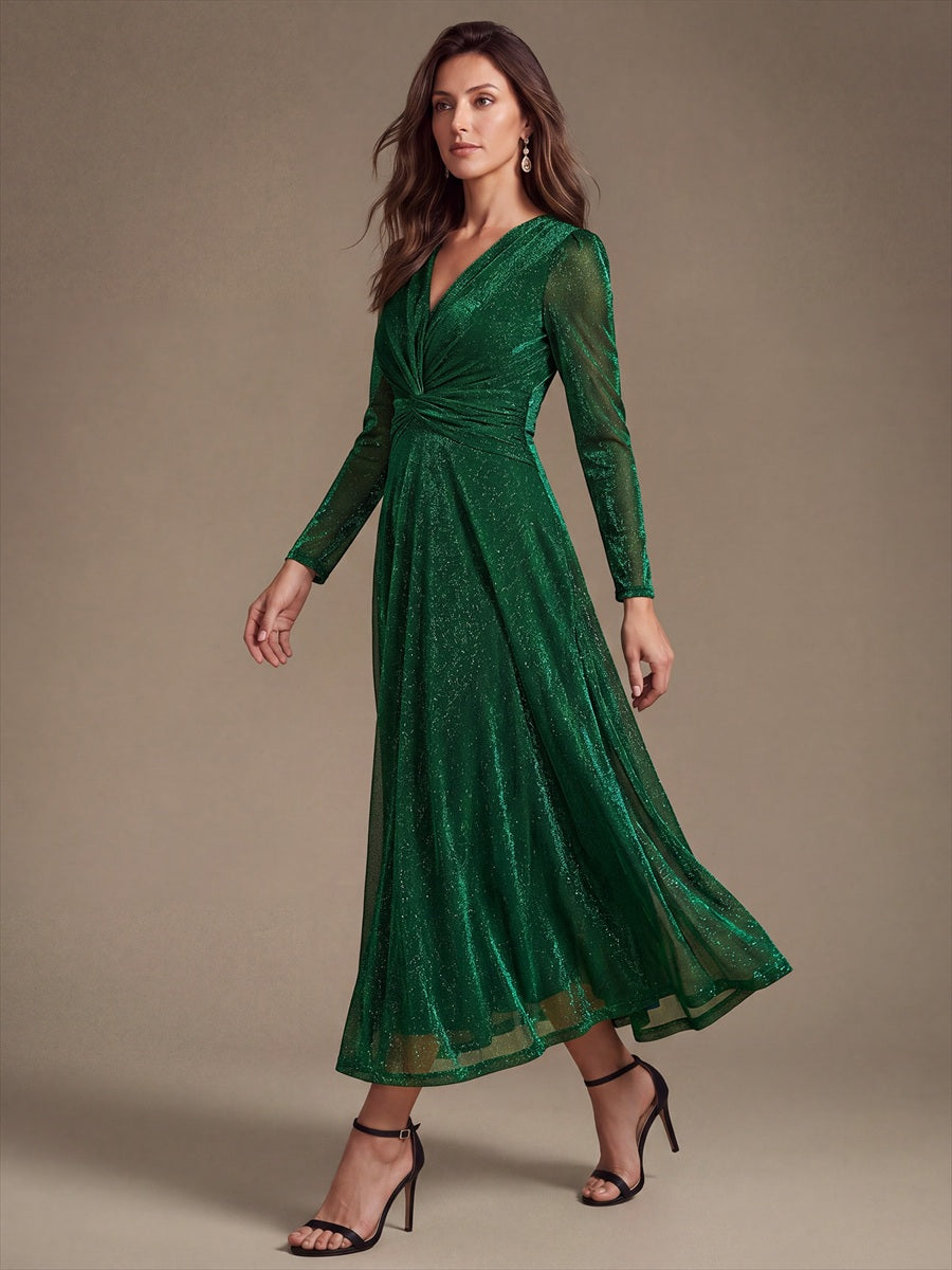 Tea Länge A Linie Kleid Mit Überkreuztem Ausschnitt Aus Lurex Netzstoff Perfekt Für Binden #Farbe_Dunkelgrün