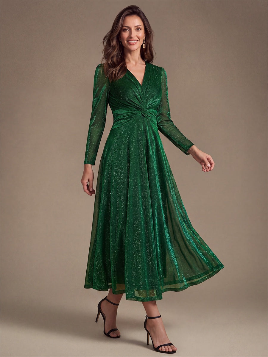 Tea Länge A Linie Kleid Mit Überkreuztem Ausschnitt Aus Lurex Netzstoff Perfekt Für Binden #Farbe_Dunkelgrün
