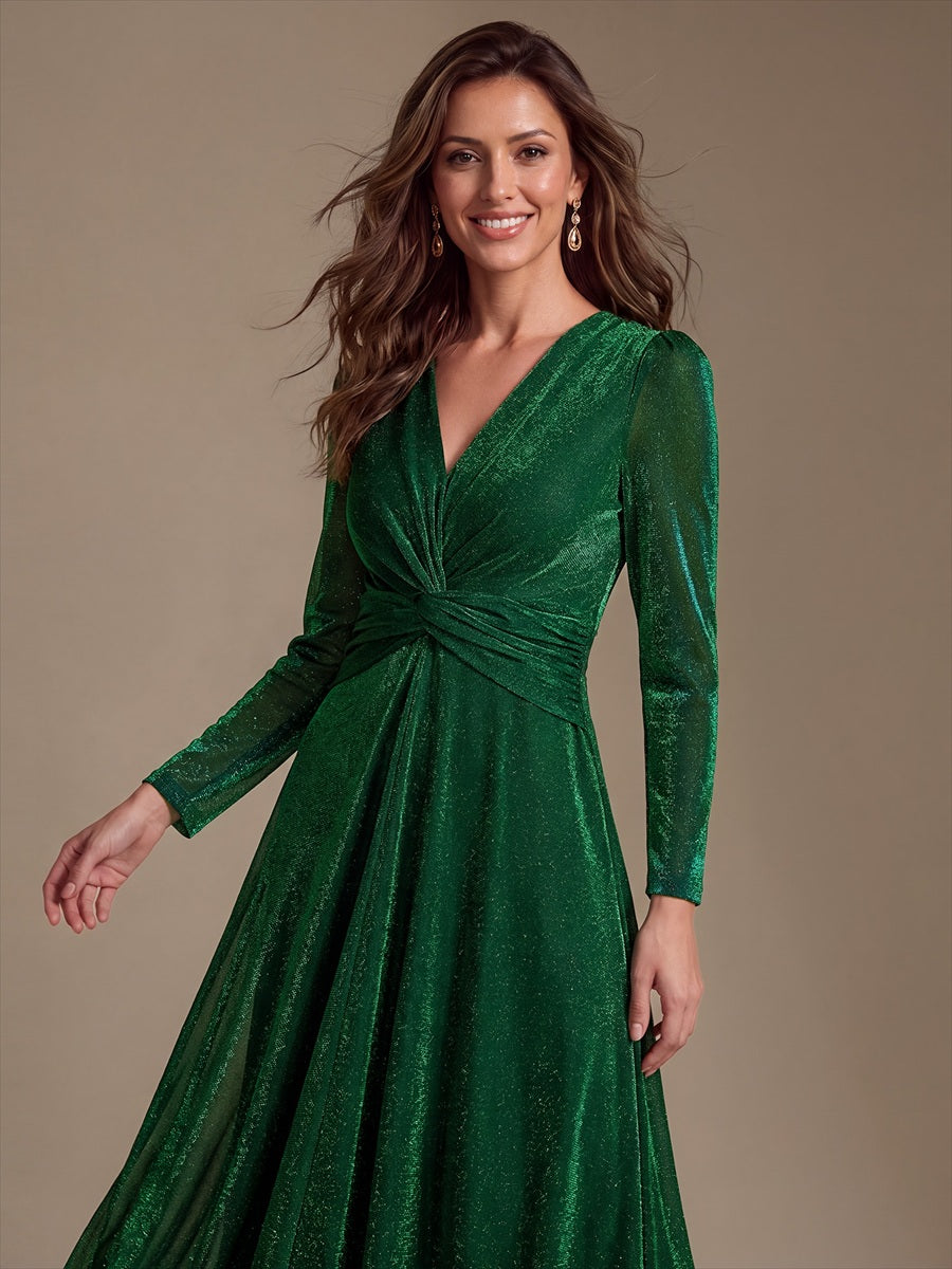 Tea Länge A Linie Kleid Mit Überkreuztem Ausschnitt Aus Lurex Netzstoff Perfekt Für Binden #Farbe_Dunkelgrün