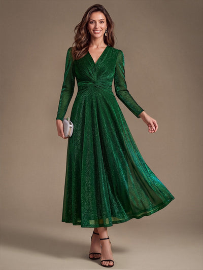 Tea Länge A Linie Kleid Mit Überkreuztem Ausschnitt Aus Lurex Netzstoff Perfekt Für Binden #Farbe_Dunkelgrün