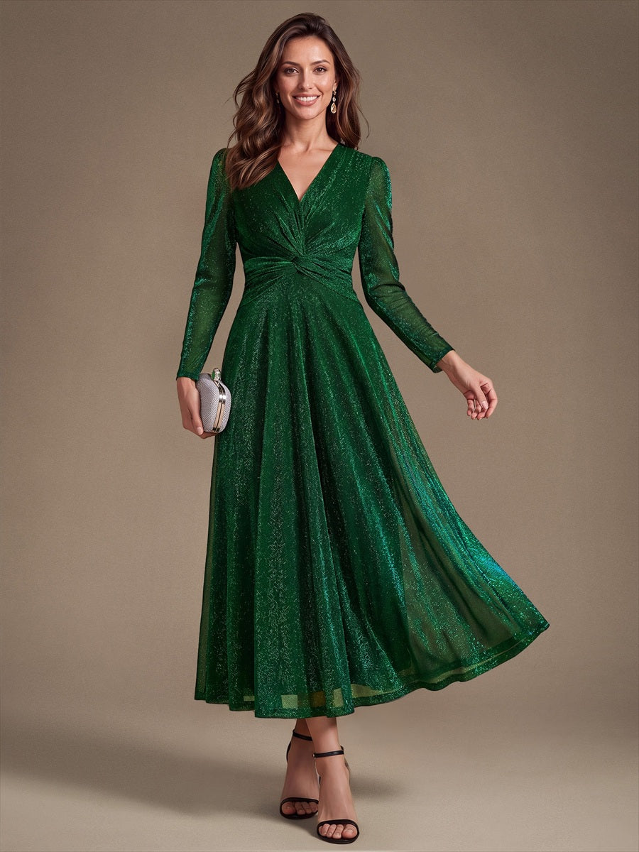 Tea Länge A Linie Kleid Mit Überkreuztem Ausschnitt Aus Lurex Netzstoff Perfekt Für Binden #Farbe_Dunkelgrün