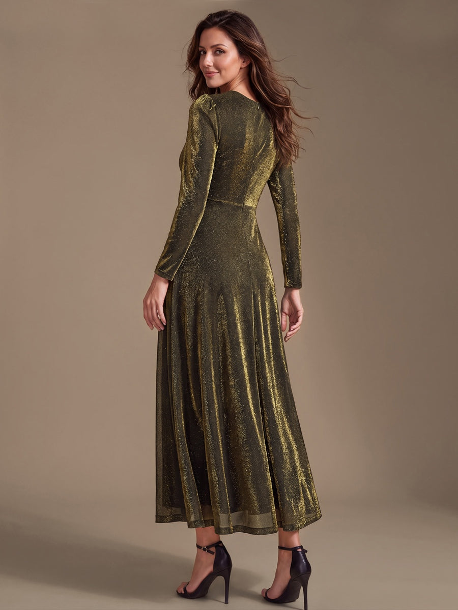 Tea Länge A Linie Kleid Mit Überkreuztem Ausschnitt Aus Lurex Netzstoff Perfekt Für Binden #Farbe_Goldmetallic