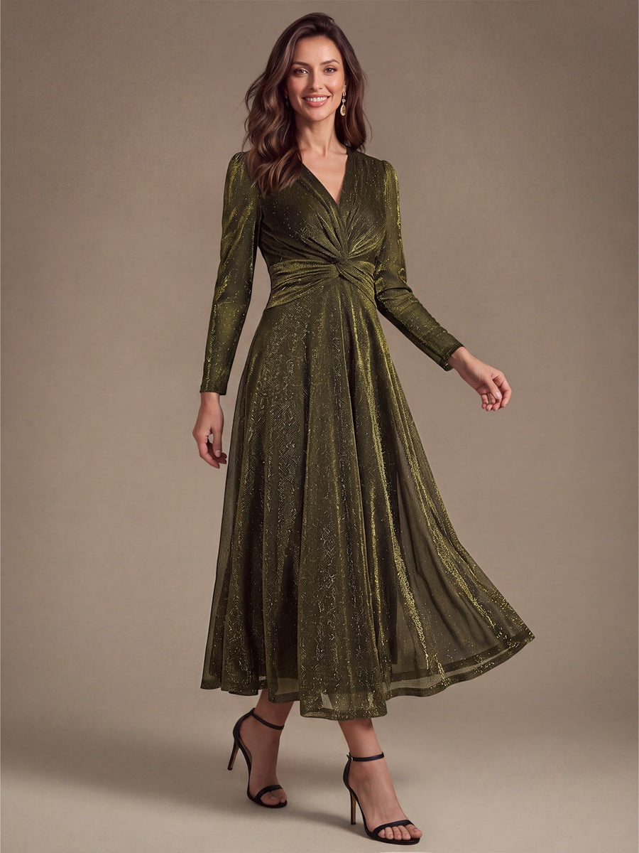 Tea Länge A Linie Kleid Mit Überkreuztem Ausschnitt Aus Lurex Netzstoff Perfekt Für Binden #Farbe_Goldmetallic
