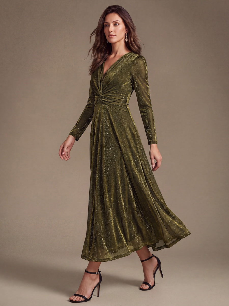 Tea Länge A Linie Kleid Mit Überkreuztem Ausschnitt Aus Lurex Netzstoff Perfekt Für Binden #Farbe_Goldmetallic