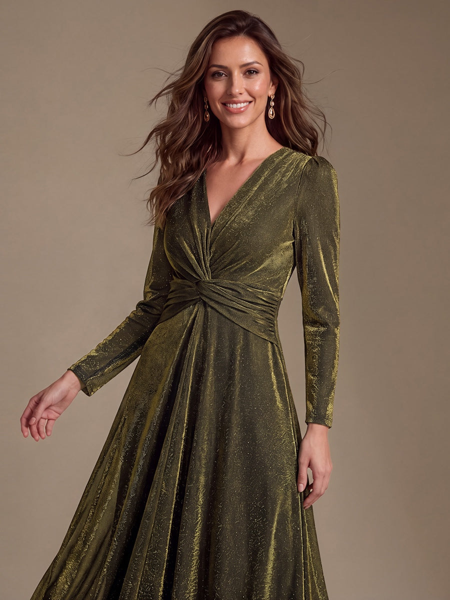 Tea Länge A Linie Kleid Mit Überkreuztem Ausschnitt Aus Lurex Netzstoff Perfekt Für Binden #Farbe_Goldmetallic