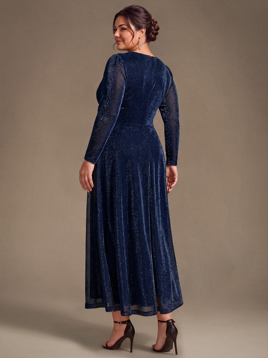 Tea Länge A Linie Kleid Mit Überkreuztem Ausschnitt Aus Lurex Netzstoff Perfekt Für Binden #Farbe_Marineblau