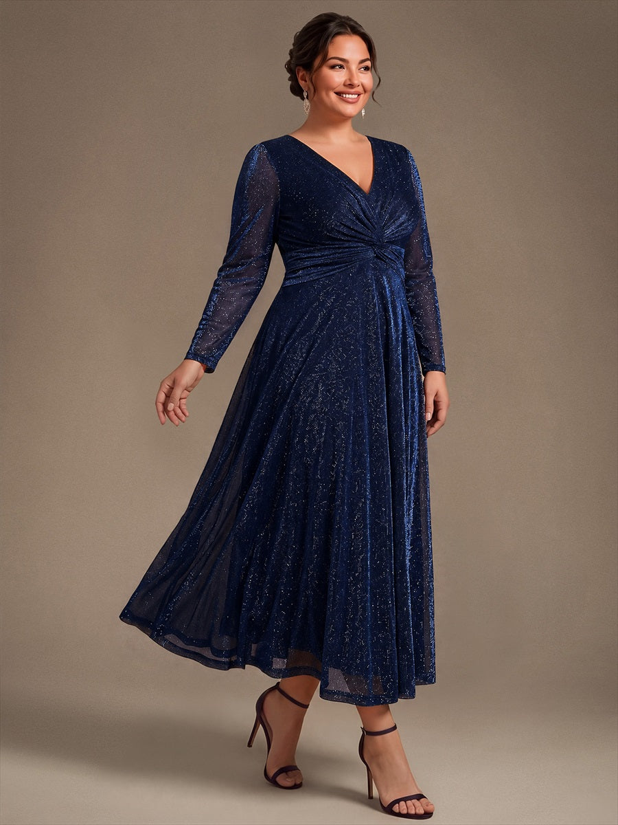 Tea Länge A Linie Kleid Mit Überkreuztem Ausschnitt Aus Lurex Netzstoff Perfekt Für Binden #Farbe_Marineblau