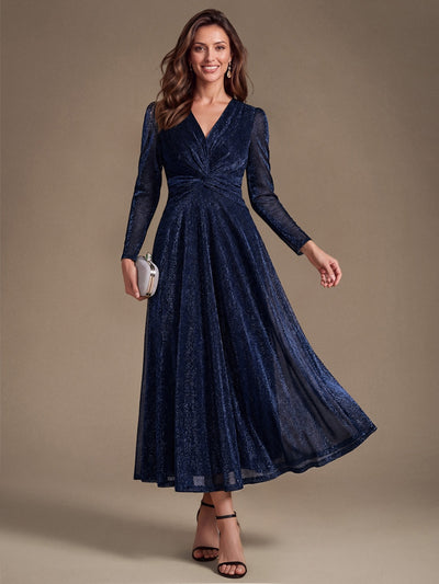 Tea Länge A Linie Kleid Mit Überkreuztem Ausschnitt Aus Lurex Netzstoff Perfekt Für Binden #Farbe_Marineblau