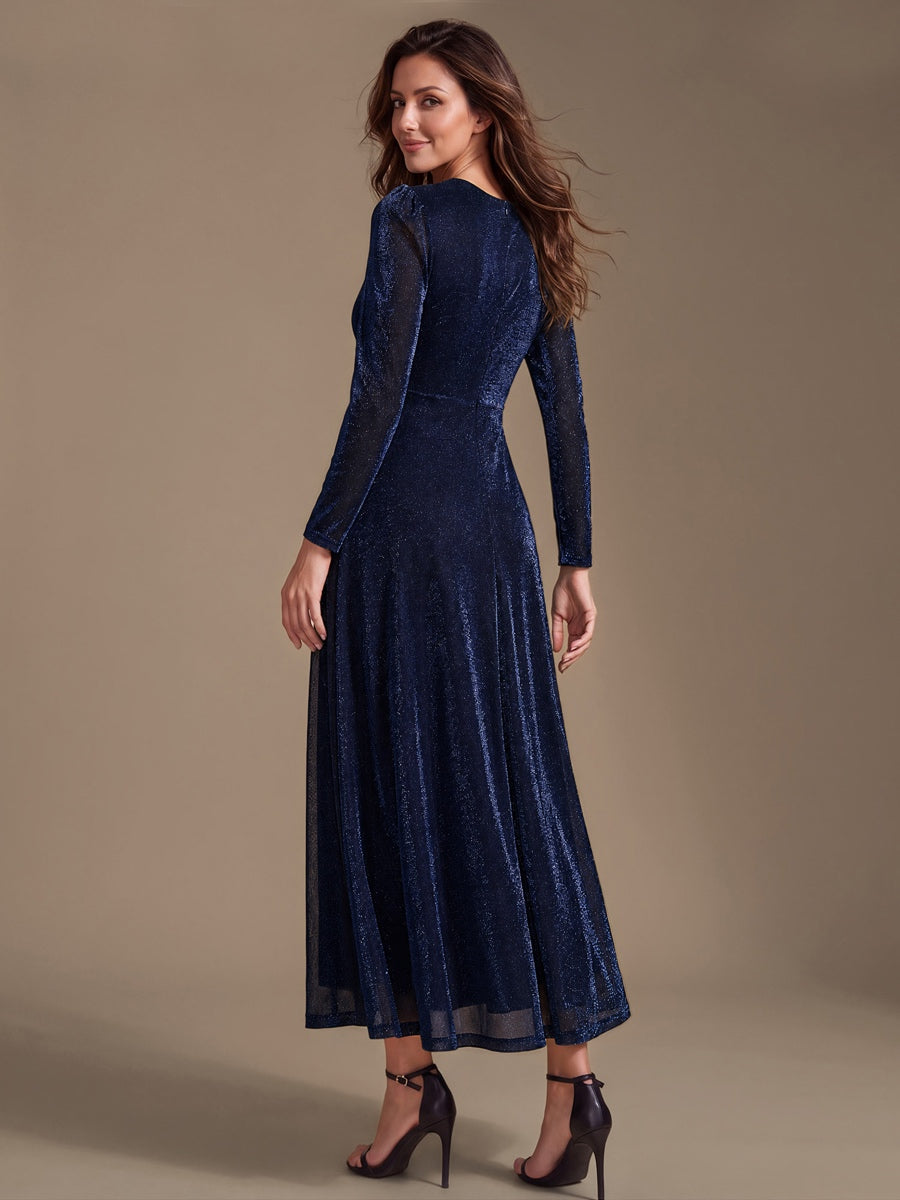 Tea Länge A Linie Kleid Mit Überkreuztem Ausschnitt Aus Lurex Netzstoff Perfekt Für Binden #Farbe_Marineblau