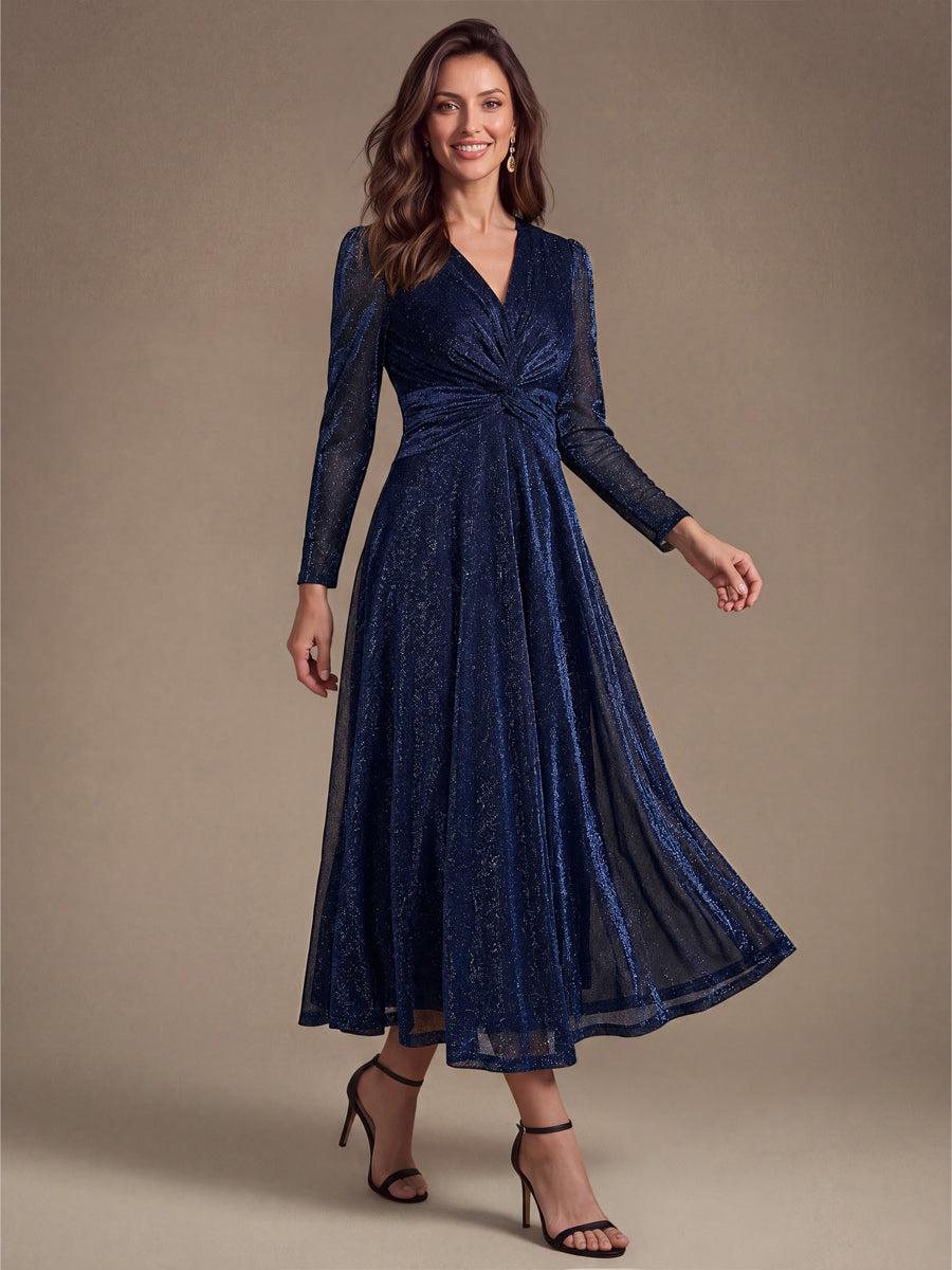 Tea Länge A Linie Kleid Mit Überkreuztem Ausschnitt Aus Lurex Netzstoff Perfekt Für Binden #Farbe_Marineblau