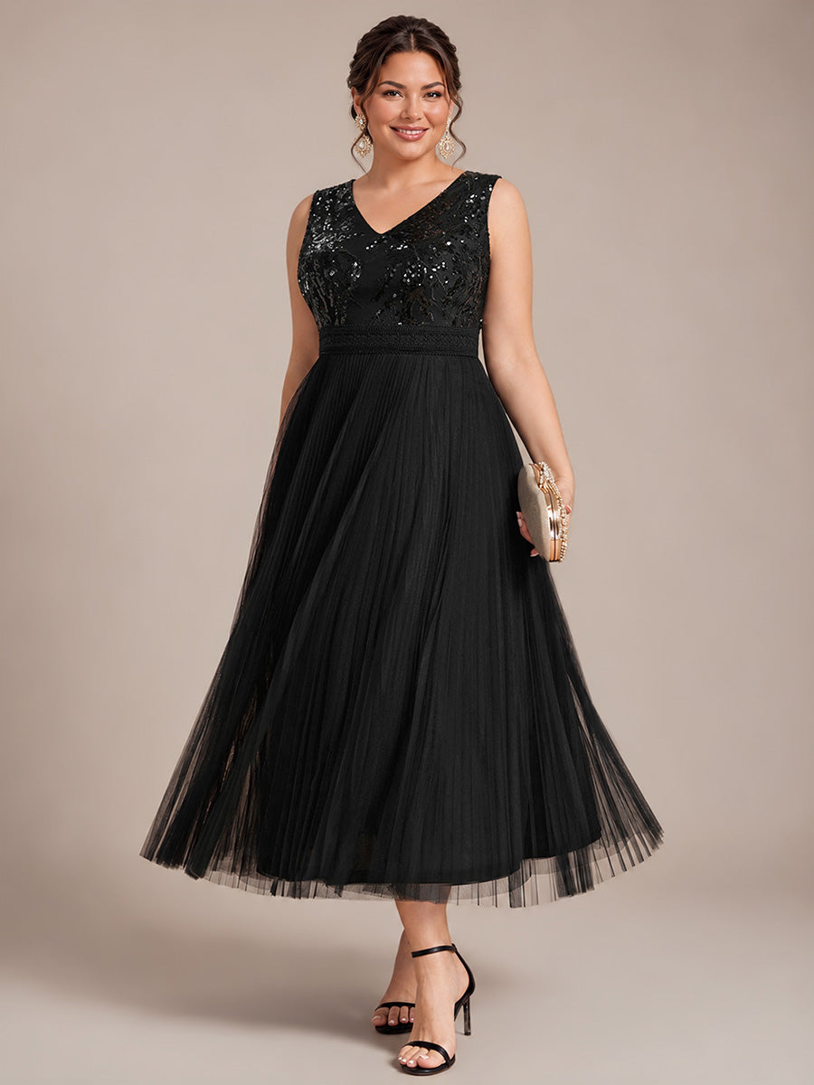 Maxilänge V-Ausschnitt A-Linien Kleid Aus Tüll Mit Pailletten Elegantes Abendkleid #Farbe_Schwarz