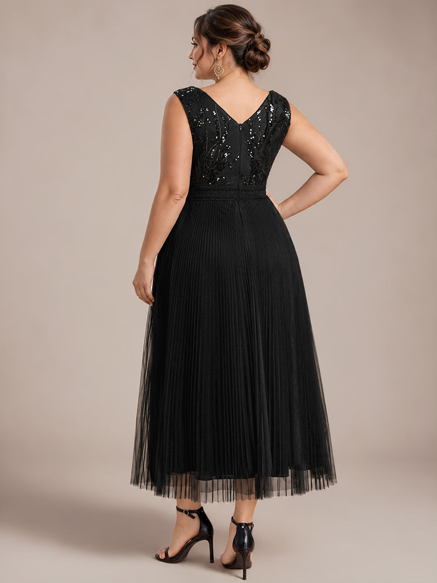 Maxilänge V-Ausschnitt A-Linien Kleid Aus Tüll Mit Pailletten Elegantes Abendkleid #Farbe_Schwarz