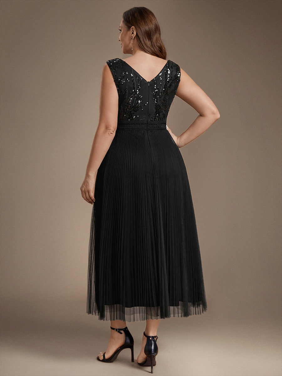 Maxilänge V-Ausschnitt A-Linien Kleid Aus Tüll Mit Pailletten Elegantes Abendkleid #Farbe_Schwarz