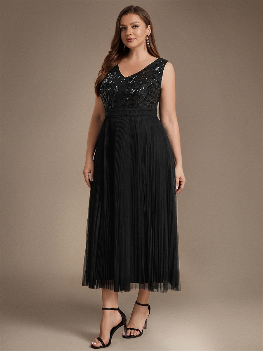 Maxilänge V-Ausschnitt A-Linien Kleid Aus Tüll Mit Pailletten Elegantes Abendkleid #Farbe_Schwarz