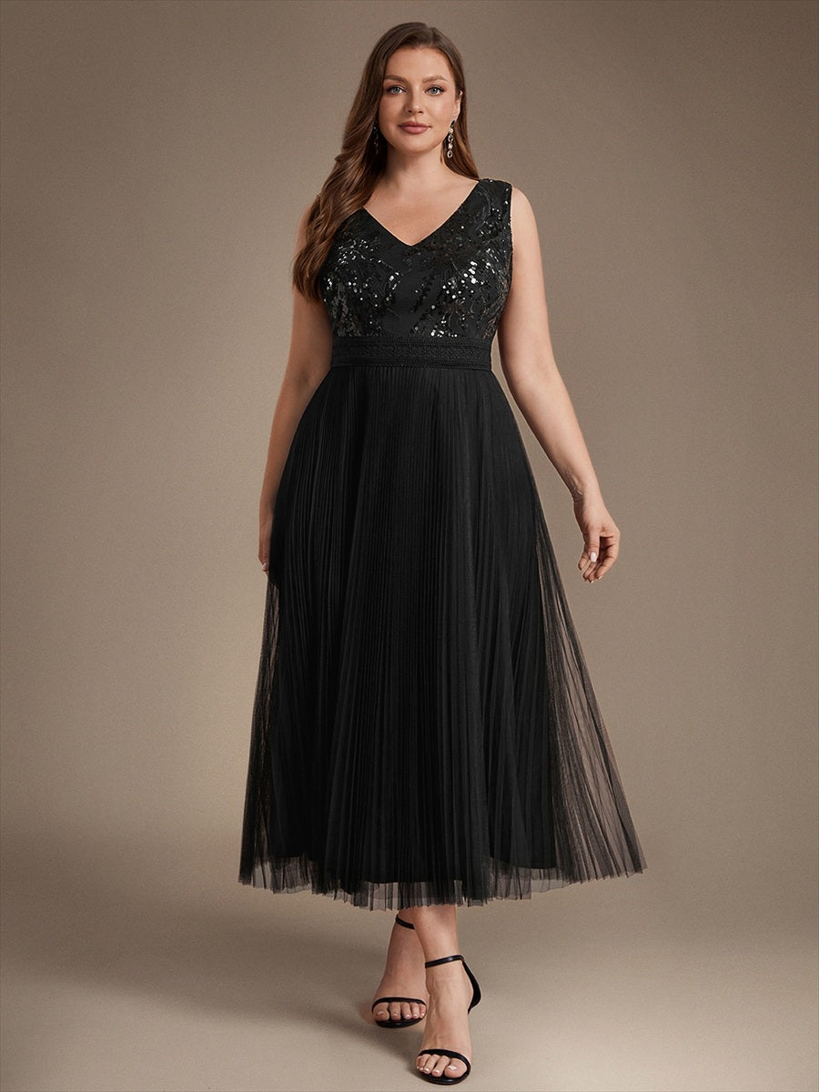 Maxilänge V-Ausschnitt A-Linien Kleid Aus Tüll Mit Pailletten Elegantes Abendkleid #Farbe_Schwarz