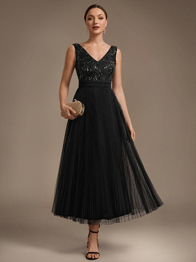Maxilänge V-Ausschnitt A-Linien Kleid Aus Tüll Mit Pailletten Elegantes Abendkleid #Farbe_Schwarz