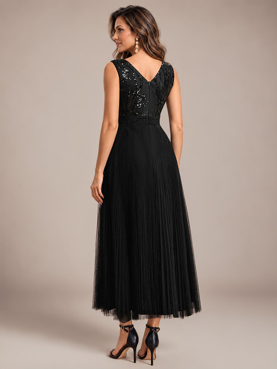 Maxilänge V-Ausschnitt A-Linien Kleid Aus Tüll Mit Pailletten Elegantes Abendkleid #Farbe_Schwarz