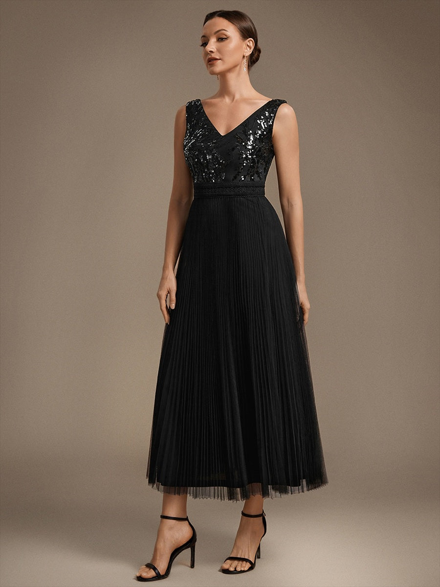 Maxilänge V-Ausschnitt A-Linien Kleid Aus Tüll Mit Pailletten Elegantes Abendkleid #Farbe_Schwarz