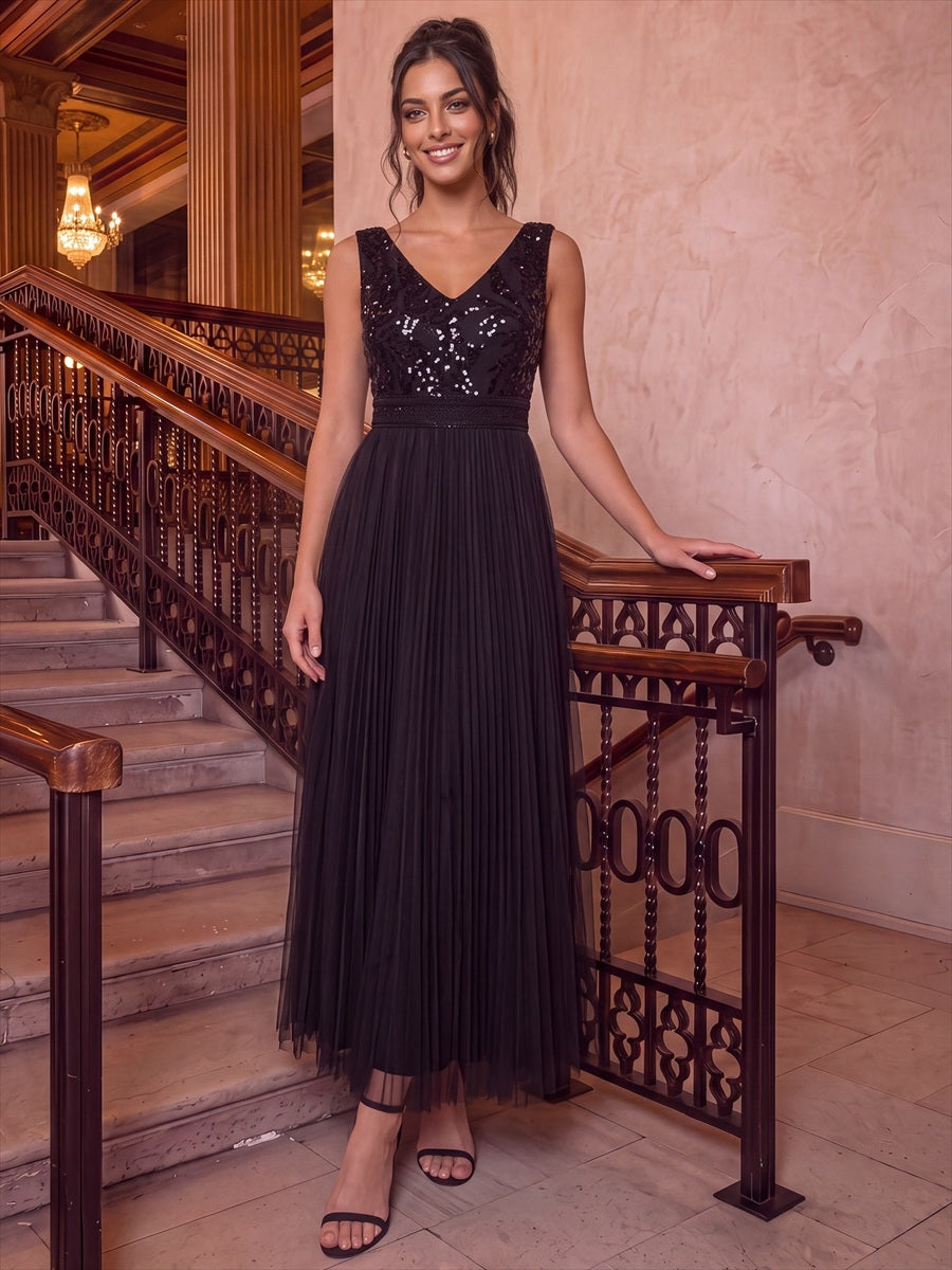 Maxilänge V-Ausschnitt A-Linien Kleid Aus Tüll Mit Pailletten Elegantes Abendkleid #Farbe_Schwarz