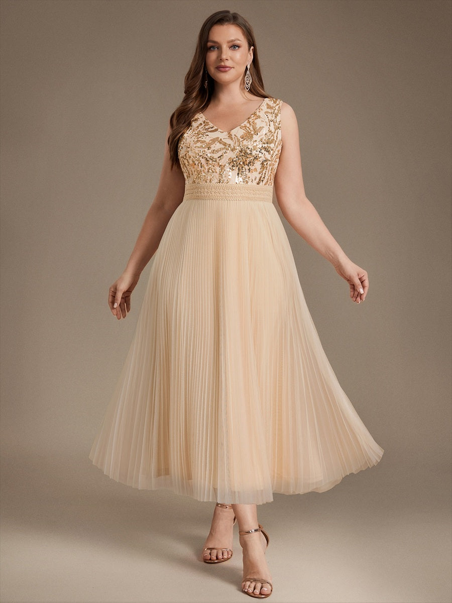 Maxilänge V-Ausschnitt A-Linien Kleid Aus Tüll Mit Pailletten Elegantes Abendkleid #Farbe_Gold