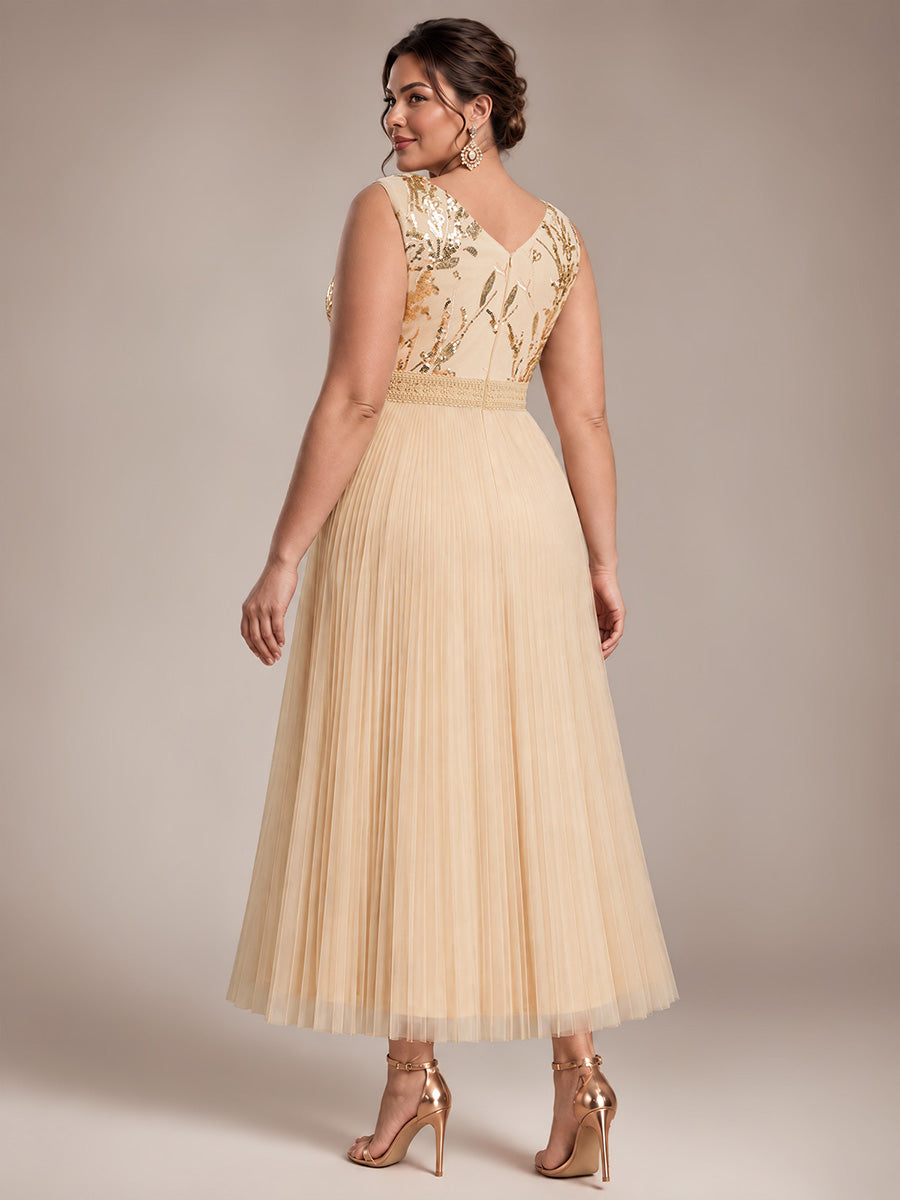 Maxilänge V-Ausschnitt A-Linien Kleid Aus Tüll Mit Pailletten Elegantes Abendkleid #Farbe_Gold