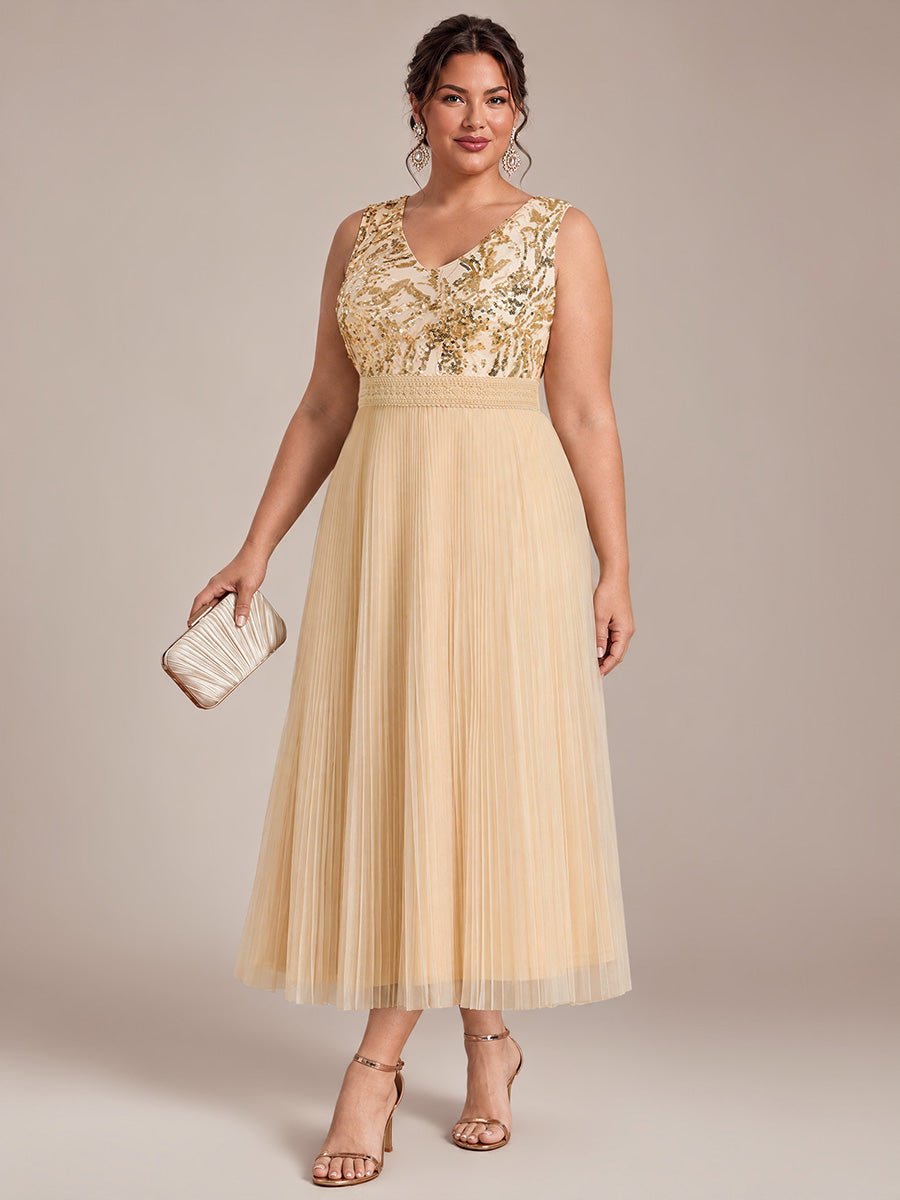 Maxilänge V-Ausschnitt A-Linien Kleid Aus Tüll Mit Pailletten Elegantes Abendkleid #Farbe_Gold