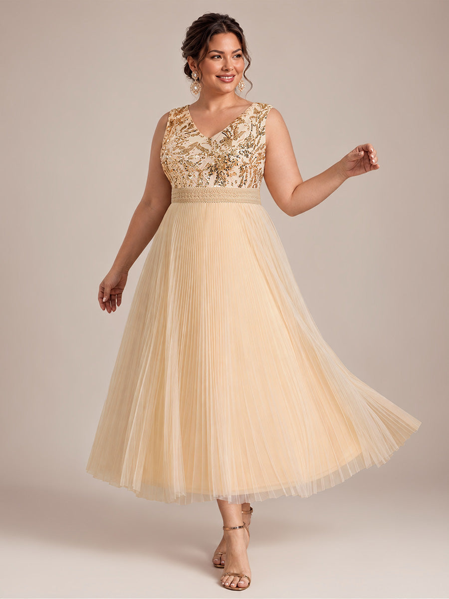 Maxilänge V-Ausschnitt A-Linien Kleid Aus Tüll Mit Pailletten Elegantes Abendkleid #Farbe_Gold