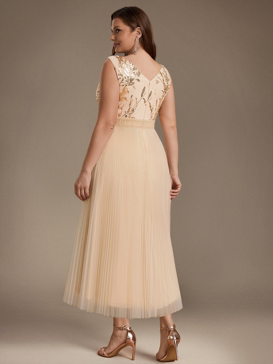 Maxilänge V-Ausschnitt A-Linien Kleid Aus Tüll Mit Pailletten Elegantes Abendkleid #Farbe_Gold