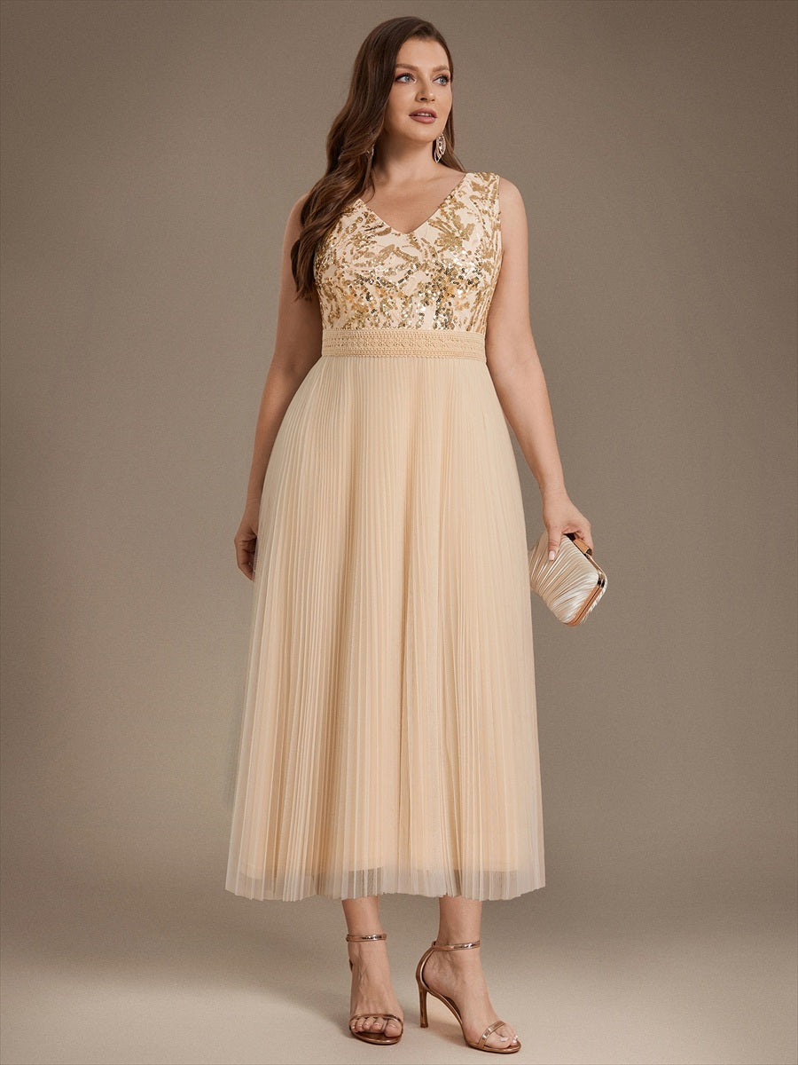 Maxilänge V-Ausschnitt A-Linien Kleid Aus Tüll Mit Pailletten Elegantes Abendkleid #Farbe_Gold