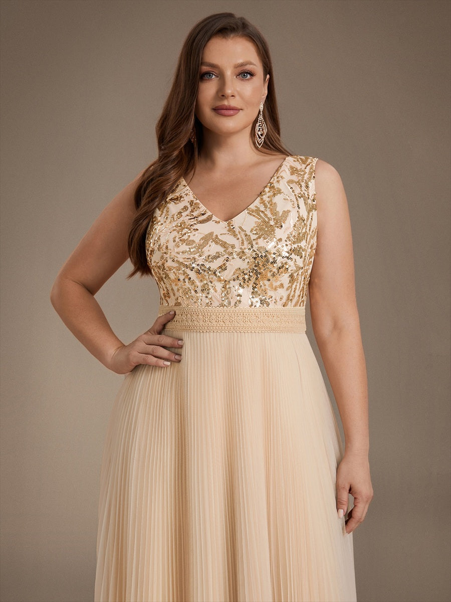 Maxilänge V-Ausschnitt A-Linien Kleid Aus Tüll Mit Pailletten Elegantes Abendkleid #Farbe_Gold