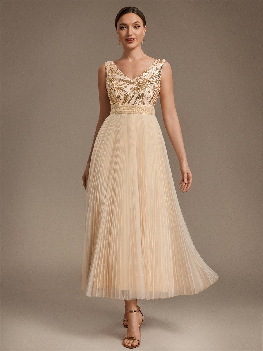 Maxilänge V-Ausschnitt A-Linien Kleid Aus Tüll Mit Pailletten Elegantes Abendkleid #Farbe_Gold