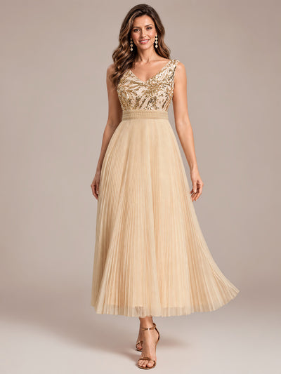 Maxilänge V-Ausschnitt A-Linien Kleid Aus Tüll Mit Pailletten Elegantes Abendkleid #Farbe_Gold