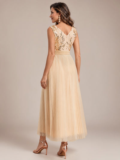 Maxilänge V-Ausschnitt A-Linien Kleid Aus Tüll Mit Pailletten Elegantes Abendkleid #Farbe_Gold
