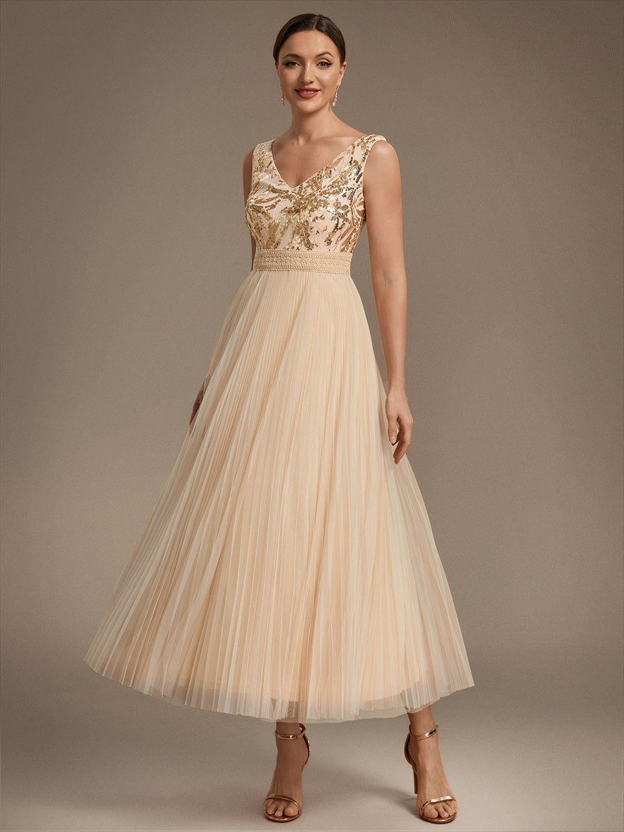 Maxilänge V-Ausschnitt A-Linien Kleid Aus Tüll Mit Pailletten Elegantes Abendkleid #Farbe_Gold