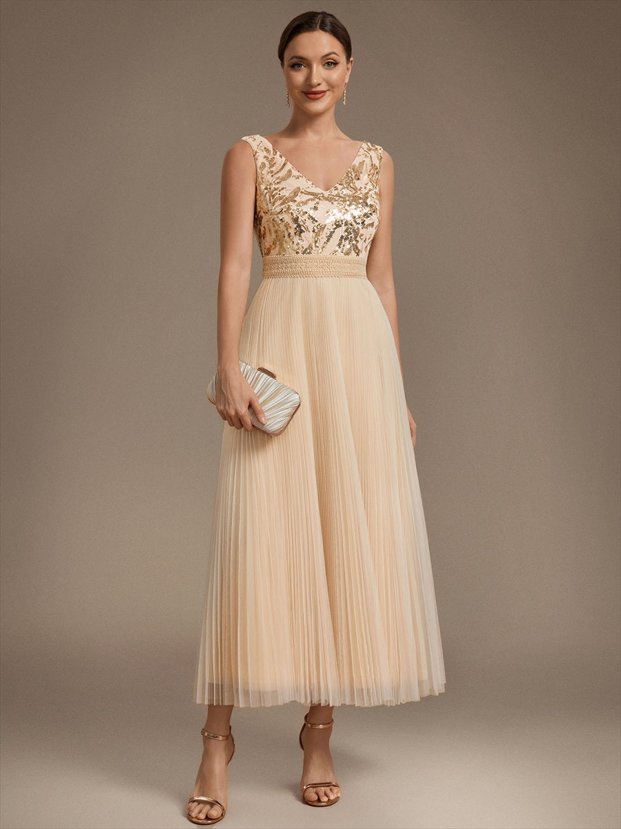 Maxilänge V-Ausschnitt A-Linien Kleid Aus Tüll Mit Pailletten Elegantes Abendkleid #Farbe_Gold