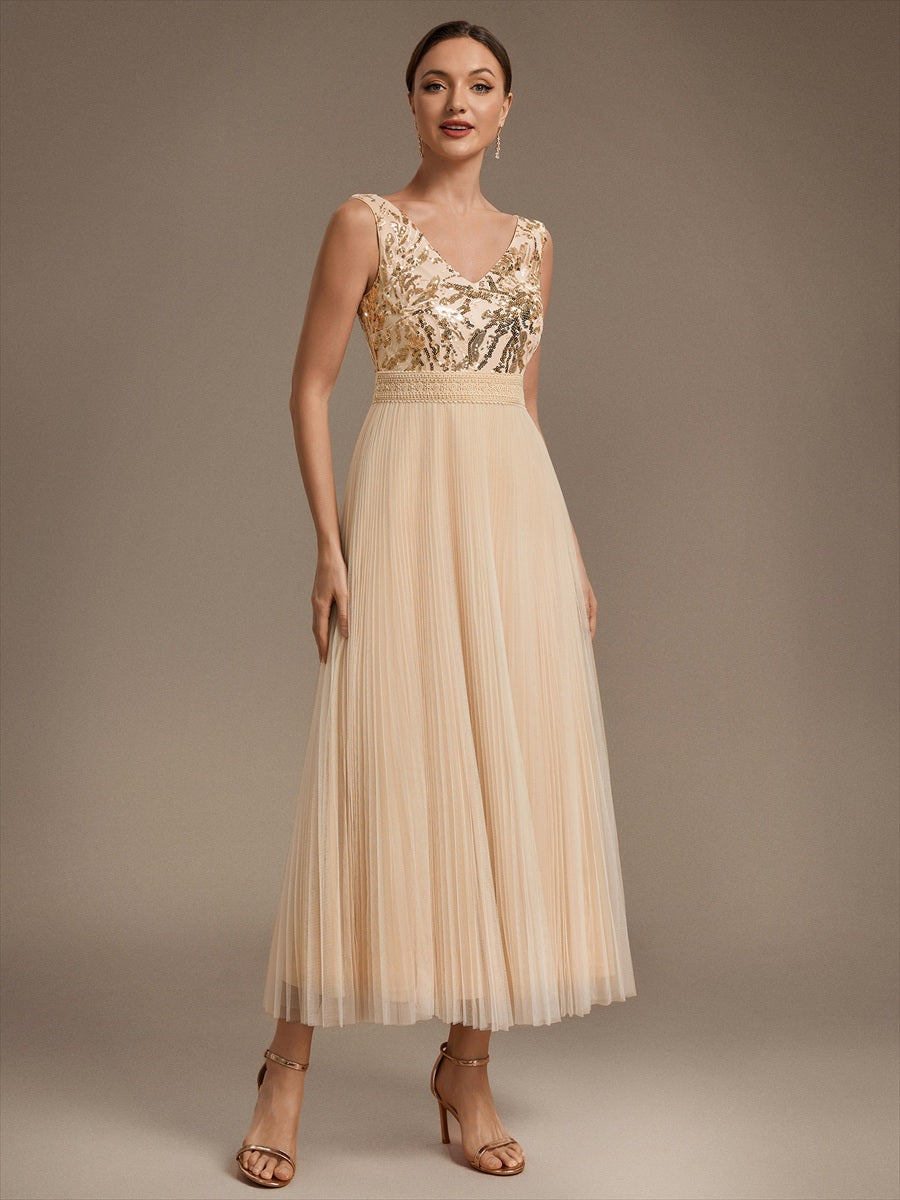 Maxilänge V-Ausschnitt A-Linien Kleid Aus Tüll Mit Pailletten Elegantes Abendkleid #Farbe_Gold