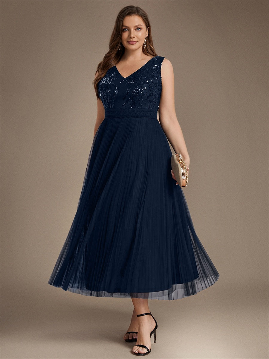 Maxilänge V-Ausschnitt A-Linien Kleid Aus Tüll Mit Pailletten Elegantes Abendkleid #Farbe_Marineblau